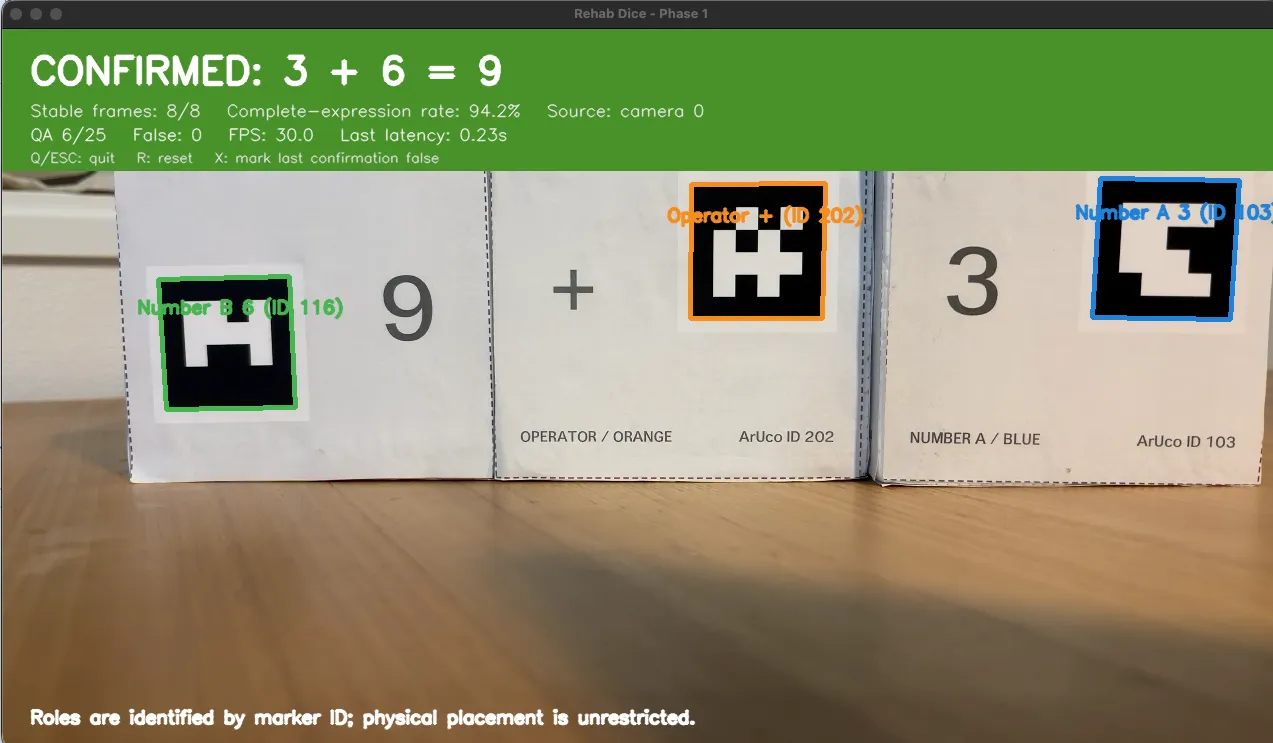サイコロ3個をカメラで読み取り、3＋6＝9と式を表示している認識テスト画面