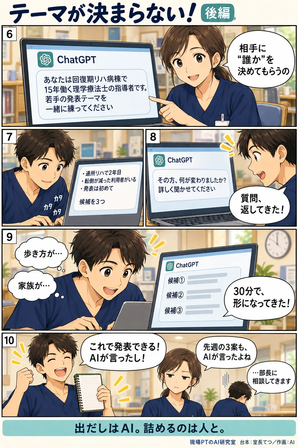 後編。「あなたは回復期リハ病棟で15年働く理学療法士の指導者です」と役割を渡し、自分の状況を箇条書きで伝えると、AIが質問を返してくる。30分で候補が形になるが、西さんは「先週の3案も、AIが言ったよね」。締めは「出だしはAI。詰めるのは人と。」