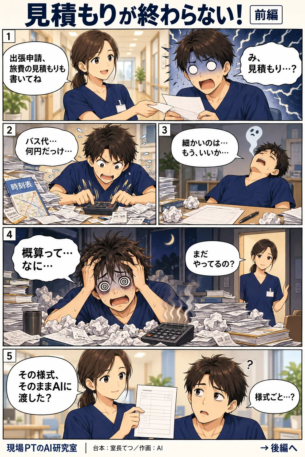 前編。出張申請の旅費見積もり欄を見て顔面蒼白のてつ。時刻表と路線図に埋もれて電卓を叩き、細かい交通費は諦め、深夜に紙の山の中で目を回す。西さん「その様式、そのままAIに渡した?」