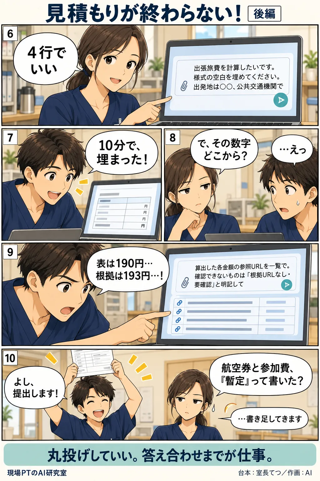 後編。様式を添付して4行頼むと10分で埋まる。西さんの「で、その数字どこから?」で固まり、根拠URLを一覧で出させると、表の190円と根拠の193円の食い違いを発見。提出前に西さん「航空券と参加費、『暫定』って書いた?」。締めは「丸投げしていい。答え合わせまでが仕事。」