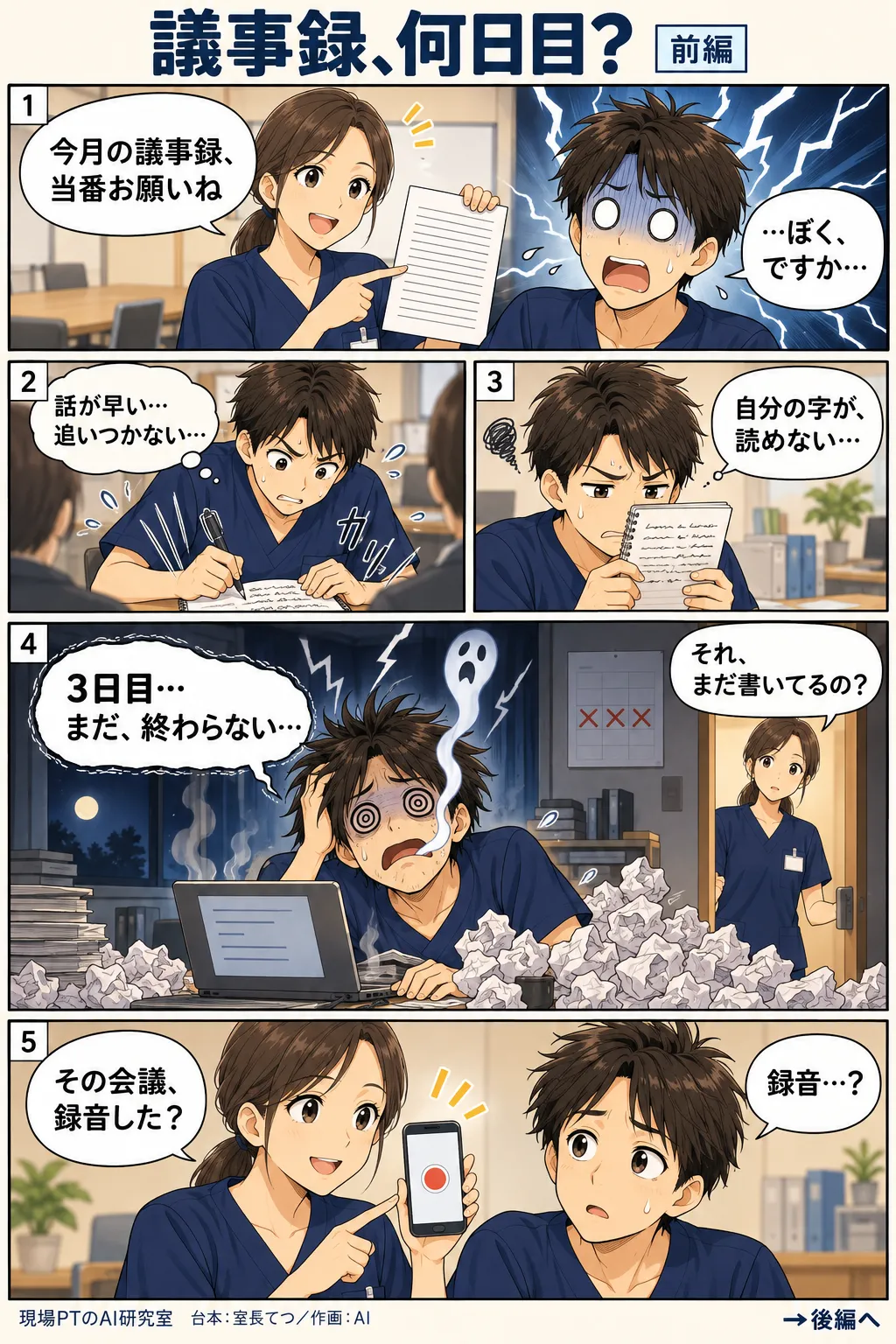 前編。委員会の議事録当番を押しつけられて顔面蒼白のてつ。会議中はメモが追いつかず、翌日は自分の字が読めない。3日目の深夜に紙の山で目を回す。西さん「その会議、録音した？」