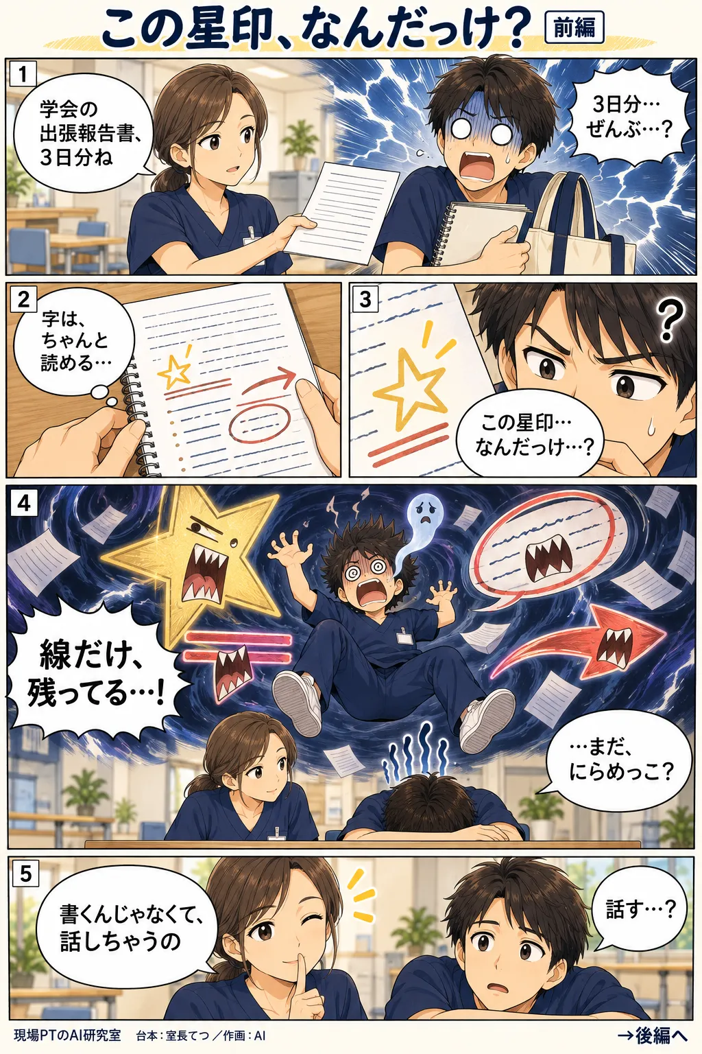 前編。学会から帰った翌日、3日分の出張報告書を押しつけられて顔面蒼白のてつ。メモの字は読めるのに、大きな星印を引いた理由が思い出せず、記号のお化けに囲まれて目を回す。西さん「書くんじゃなくて、話しちゃうの」