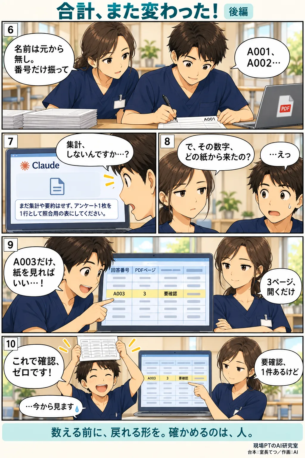 後編。翌朝、氏名のない用紙に回答番号を振ってClaudeへ。「まだ集計や要約はせず、アンケート1枚を1行として照合用の表にしてください。」と頼むと、回答番号とPDFページの残った表になり、確認したい1枚にすぐ戻れる。締めは「数える前に、戻れる形を。確かめるのは、人。」