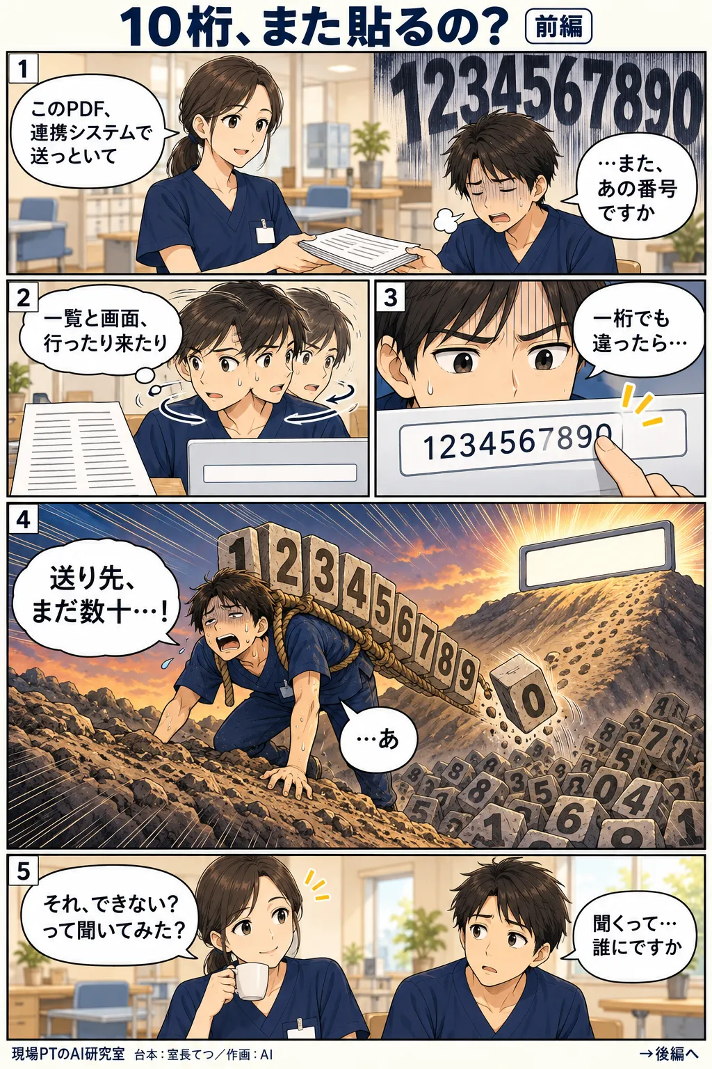 前編。連携システムでPDFを送るよう頼まれ、また10桁の番号かとげんなりするてつ。一覧と入力欄を往復し、数字のかたまりを担いで坂を登っては転がり落ちる。西さん「それ、できない?って聞いてみた?」