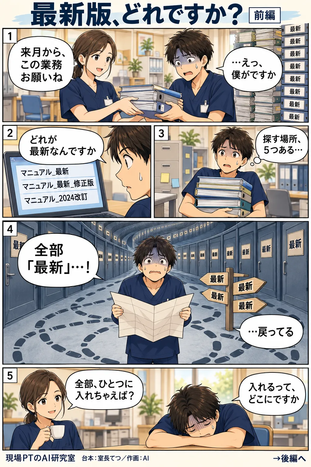 前編。来月からの業務を引き継ぐよう頼まれたてつ。共有フォルダには似た名前のファイルが並び、紙のバインダーや机上のメモに探す場所が散らばる。どの扉にも「最新」の札がかかった書庫をさまよい、西さん「全部、ひとつに入れちゃえば?」