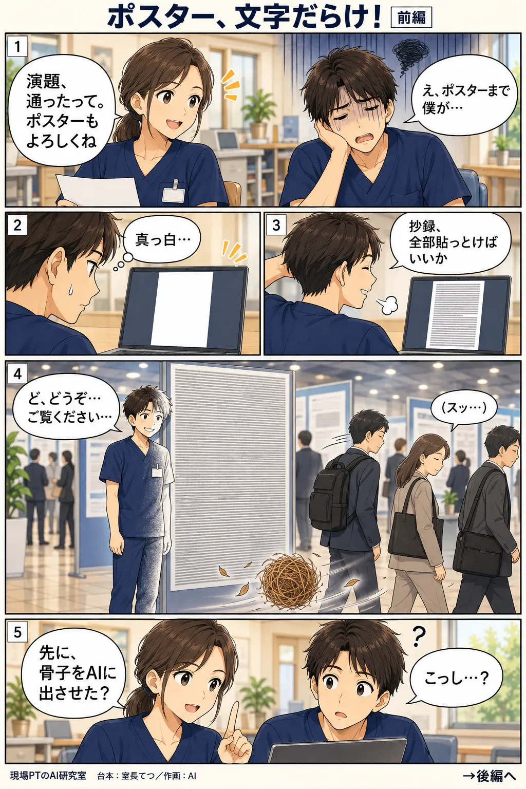 前編。演題が通り、ポスターまで任されてげんなりするてつ。真っ白なキャンバスに抄録を全部貼り、文字だらけのポスターに。会場では誰も足を止めず、枯れ草だけが転がっていく。西さん「先に、骨子をAIに出させた?」