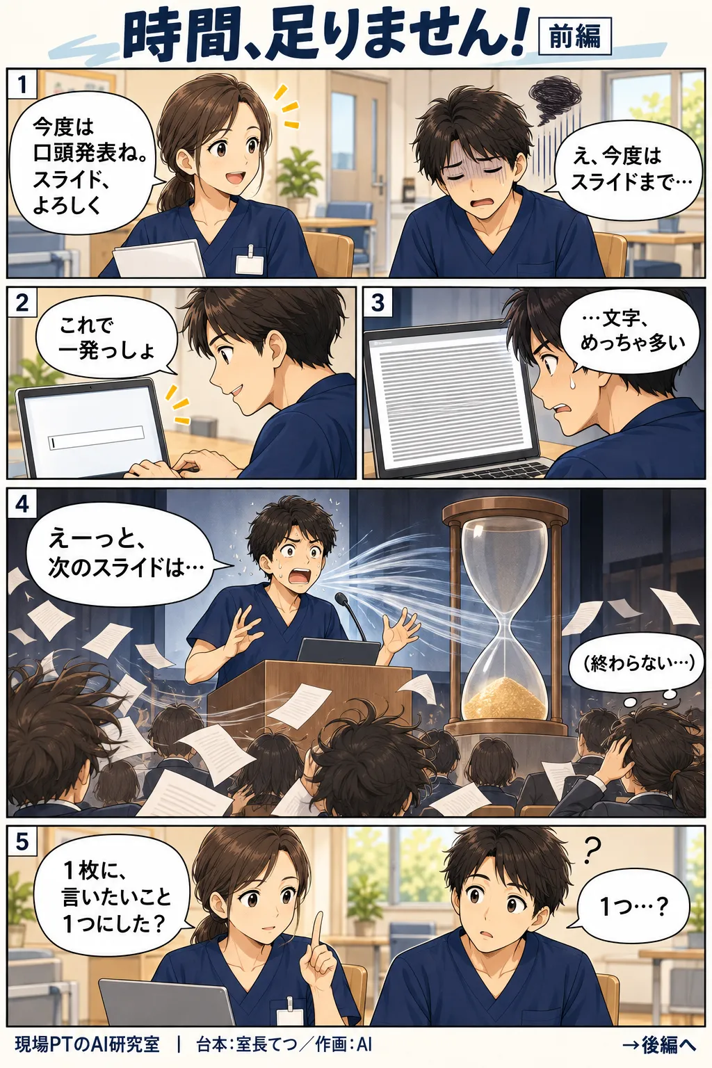 前編。口頭発表が決まり、スライドまで任されてげんなりするてつ。抄録をそのままAIに貼っただけで文字だらけのスライドになり、演台で早口になって時間切れの砂時計が空になる。西さん「1枚に、言いたいこと1つにした?」
