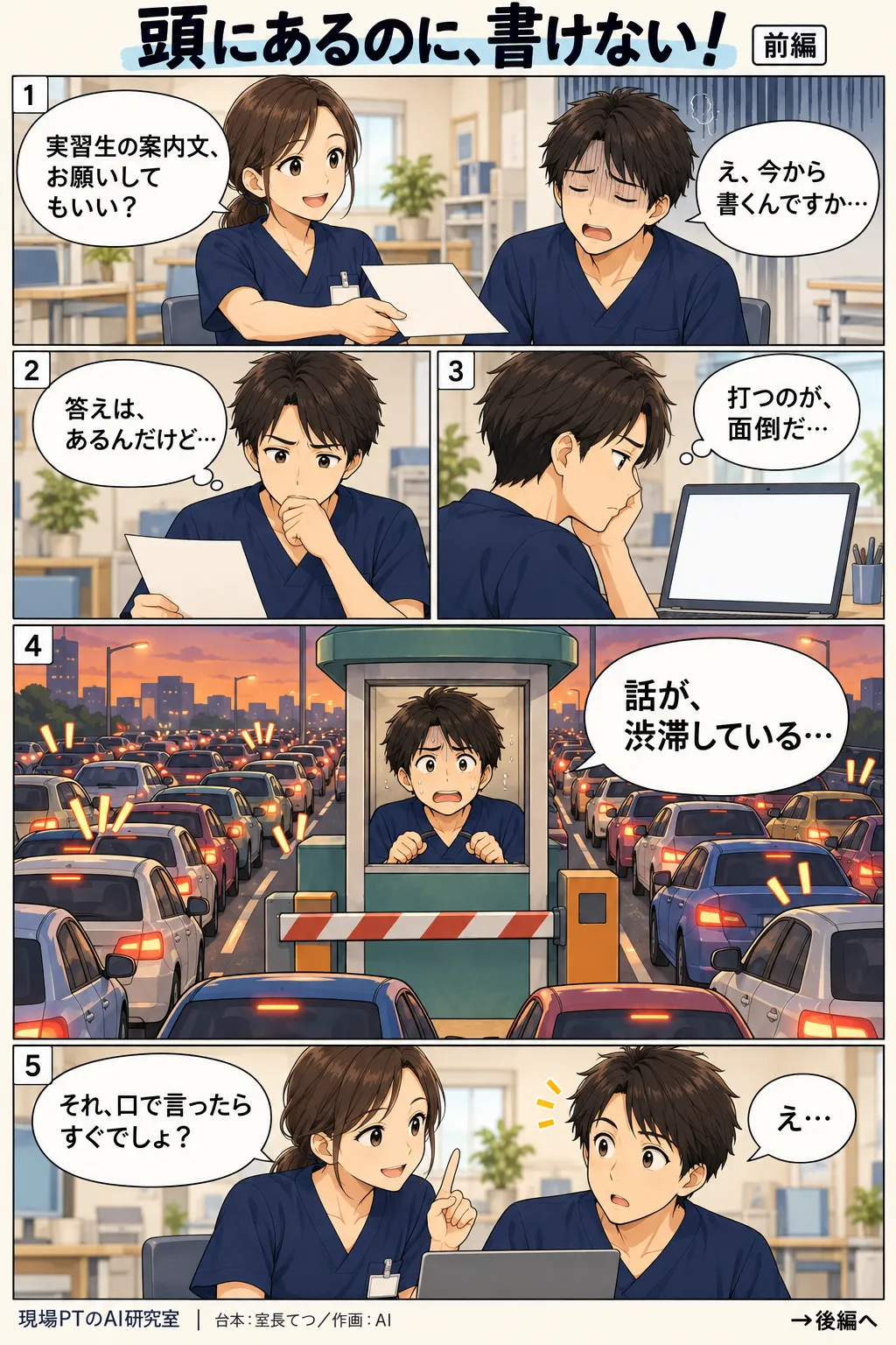 前編。実習生への案内文を頼まれ、げんなりするてつ。答えは頭にあるのに、パソコンの前で固まる。心象では、頭の中が渋滞した高速道路になり、料金所で身動きが取れなくなる。西さん「それ、口で言ったらすぐでしょ?」