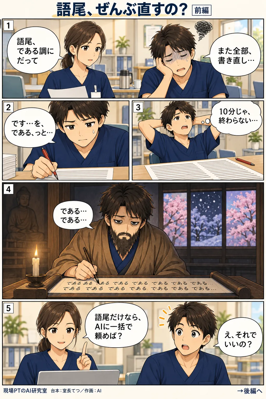 前編。上司から「語尾をである調に統一して」と言われ、げんなりするてつ。1行ずつ赤ペンで直すが終わらず、心象では山寺の修行僧になって「である」を延々と書き続ける。西さん「語尾だけなら、AIに一括で頼めば?」