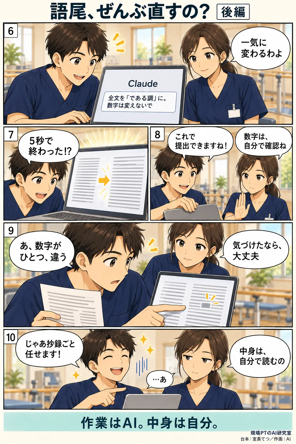 後編。Claudeに全文を渡して語尾変換を頼むてつ。5秒で全文の語尾が変わるが、西さんに「数字は、自分で確認ね」と言われる。見比べると数字が1つだけ違っていた。締めは「作業はAI。中身は自分。」