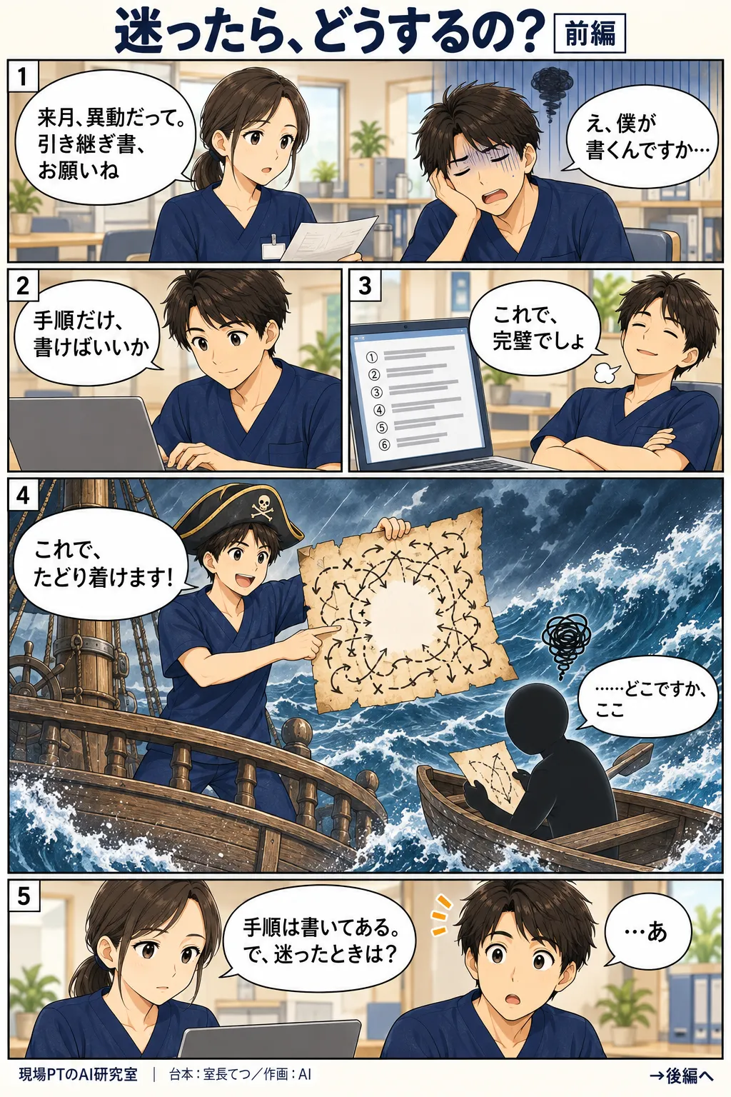 前編。異動が決まり、引き継ぎ書を無理やり振られてげんなりするてつ。手順書だけ書いて満足するが、心象では海賊船の船長姿で影の後任に宝の地図を渡す。地図は矢印だらけで肝心の真ん中が空白。影は荒海で途方に暮れる。西さん「手順は書いてある。で、迷ったときは?」