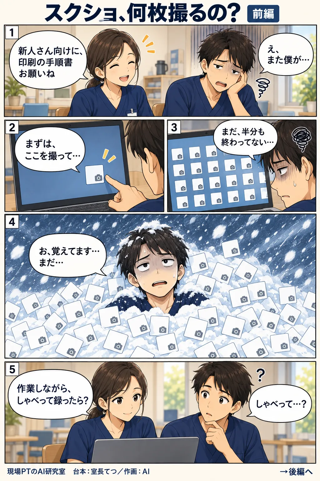 前編。新人さん向けの手順書づくりを頼まれてげんなりするてつ。画面操作を1つずつスクショしていくが、いつまでも終わらない。心象では、スクショのカードが雪崩のように押し寄せ、てつが雪だるまのように埋もれてしまう。西さん「作業しながら、しゃべって録ったら?」