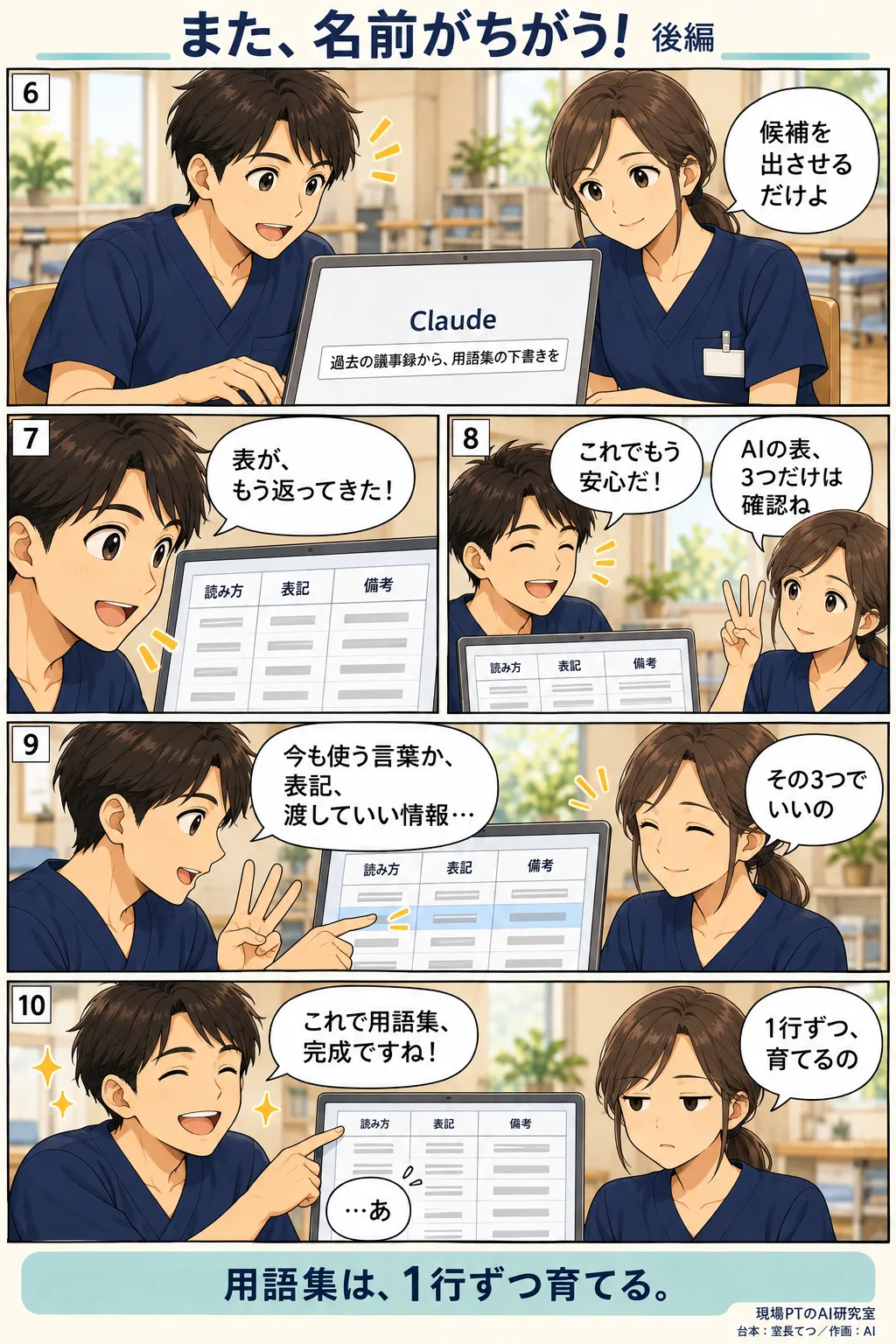 後編。AI(Claude)に過去の議事録を渡して用語集の下書きをさせるてつ。「読み方/表記/備考」の表がすぐ返ってくるが、西さんは「AIの表、3つだけは確認ね」と釘を刺す。てつが「これで完成ですね!」と早とちりすると、西さんは「1行ずつ、育てるの」
