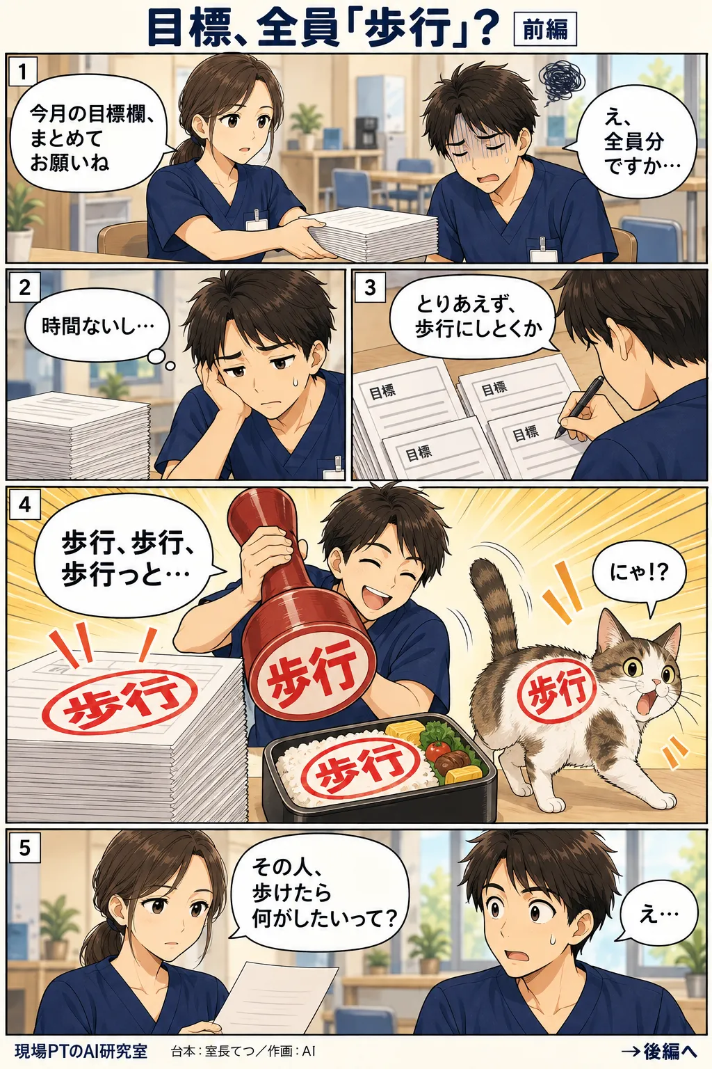 前編。今月分の計画書の目標欄をまとめて頼まれてげんなりするてつ。時間がないからと全員の目標を「歩行」にしてしまい、心象では巨大なハンコで計画書だけでなく弁当箱や猫にまで「歩行」を押して回る。西さん「その人、歩けたら何がしたいって？」